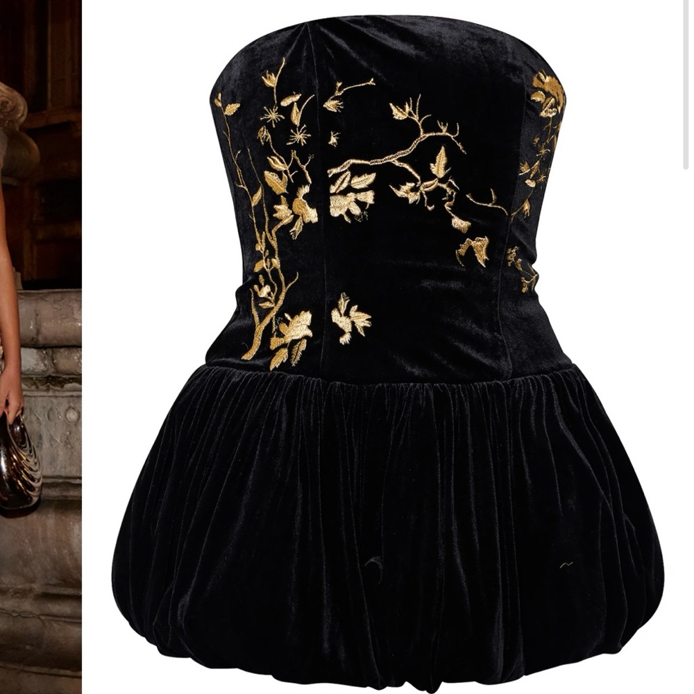 pretty little thing black velvet gold embroidered bubble puffball mini dress